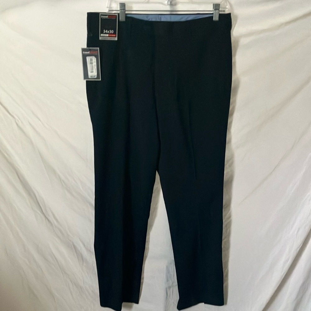 Travel Smart:Navy Blue Classic Fit Flat Front Dress Pants- Comfort Stretch-34x30